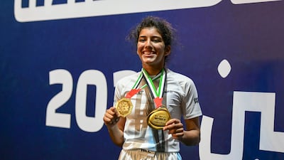 UAE's Zamzam Al Hammadi after winning gold at the IMMAF Youth World Championships in Abu Dhabi. Khushnum Bhandari / The National