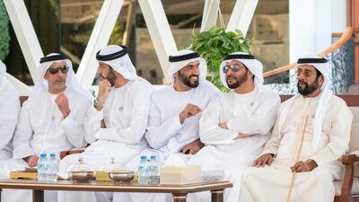 (R-L) Sheikh Tahnoon bin Mohamed, Sheikh Hamdan bin Zayed, Sheikh Nahyan bin Zayed, Sheikh Abdullah bin Rashid Al Mualla, Deputy Ruler of Umm Al Quwain and Sheikh Saif bin Zayed, Deputy Prime Minister and Minister of Interior, attend a Sea Palace barza. Rashed Al Mansoori / Ministry of Presidential Affairs