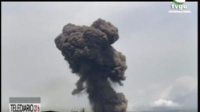This TVGE made from video shows smoke rising over the blast site at a military barracks in Bata, Equatorial Guinea. AP Photo