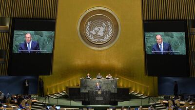 Sergey Lavrov, minister for foreign affairs of Russia, speaks to the UN General Assembly in New York. Timothy A. Clary / AFP