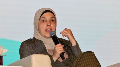 Sara Minkara, special adviser on international disability rights at the US Department of State, addresses the Special Olympics Global Centre Summit in Abu Dhabi. Pawan Singh / The National