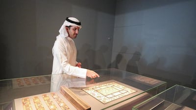 Mohamed Abdulla Al Mansoori presents Al-Qalam at the opening of Louvre Abu Dhabi Stories: Al Qalam. Courtesy Louvre Abu Dhabi