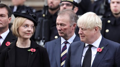 Former British prime ministers Liz Truss and Boris Johnson attend the National Service of Remembrance in London in November. Reuters