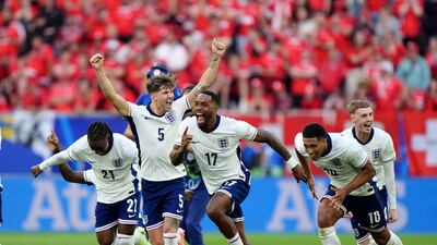 England celebrate after beating Switzerland on penalties to win their Euro 2024 quarter-final match at the Dusseldorf Arena in Germany, on July 6, 2024. PA