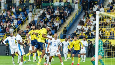 Mohamed Simakan of Al Nassr scores their winning goal against Neom. Getty Images