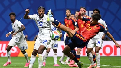 Spain's defender Pau Cubarsi makes a challenge in the match with Cape Verde in Atlanta. AFP