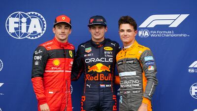 Ferrari's Charles Leclerc, left, Red Bull Racing's Max Verstappen, centre, and McLaren's Lando Norris after qualifying for the Emilia Romagna Grand Prix. PA