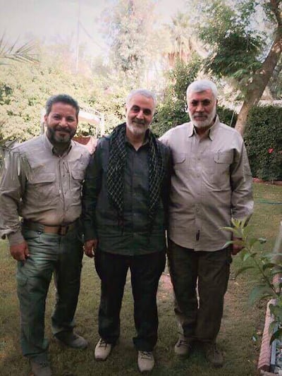 Imam Ali Brigade leader Shebl Al Zaydi, left, with Iranian general Qassem Suleimani, centre, who was killed in an US air strike in 2020 with Iraqi militant Abu Mahdi Al Muhandis, right.
