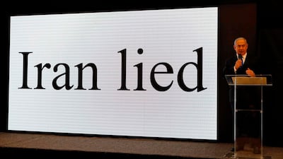 Israeli Prime Minister Benjamin Netanyahu delivers a speech on Iran's nuclear programme at the defence ministry in Tel Aviv on April 30, 2018. Jack Guez / AFP