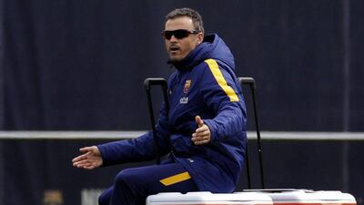 Barcelona’s coach Luis Enrique leads a team training session at Joan Gamper Sport Complex. Alberto Estevez / EPA