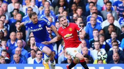 Branislav Ivanovic of Chelsea chases down Luke Shaw of Manchester United during Chelsea's 1-0 Premier League win on Saturday. Ian Walton / Getty Images