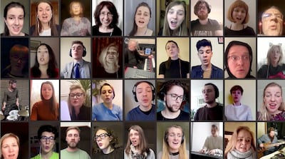 A screenshot of choir members rehearsing on Zoom. Reuters