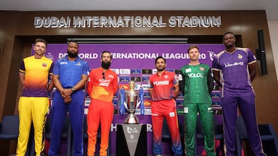 From left: Sharjah Warriors captain Tim Southee, MI Emirates skipper Kieron Pollard, Gulf Giants player Moeen Ali, Dubai Capitals' Gulbadin Naib, Desert Vipers captain Lockie Ferguson and Abu Dhabi Knight Riders captain Jason Holder at the Dubai International Stadium. Chris Whiteoak / The National