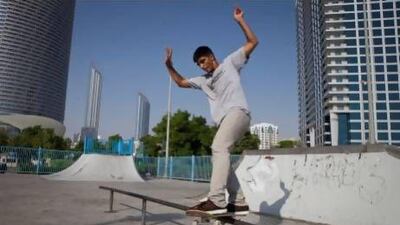 Mark Issa, who will compete for Lebanon in skateboarding at the Asian Extreme Championship, seen here practicsing at the Family Skatepark by the Corniche. Razan Alzayani / The National
