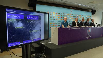 Rugby World Cup tournament chiefs demonstrate to the media the potential impact of Typhoon Hagibis as they announce match cancellations at a press conference. Getty Images