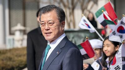 Mr Moon receives Sheikh Mohamed bin Zayed (not shown) during a reception at Blue House. Ryan Carter / Ministry of Presidential Affairs