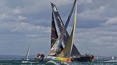 The yachts of Abu Dhabi Ocean Racing, in background, and Team Sanya compete at the Rolex Fastnet Race. The Volvo Ocean Race competitors will take a secret route to Abu Dhabi in December to allay fears of piracy.