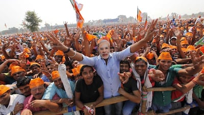 BJP supporters gather during an election rally of Prime Minister Narendra Modi amid Bihar Assembly Elections, at Hazipur on October 25, 2015 in Patna, India. Arvind Yadav / Hindustan Times via Getty Images