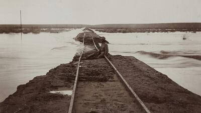 Washed-out railway embankment between Keetmanshoop and Lüderitz, photograph, around 1910. Courtesy Deutsches Historisches Museum