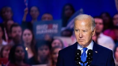 US President Joe Biden reacts to pro-Palestinian protesters at a campaign rally in Manassas, Virginia, last Tuesday. Bloomberg