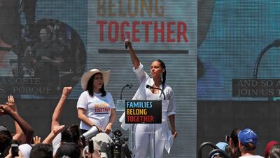 America Ferrera, left, with Alicia Keys speak during a protest of the Trump administration's approach to illegal border crossings and separation of children from immigrant parents in Lafayette Square across from the White House. AP Photo