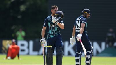 Phil Salt of England celebrates reaching his century. Getty Images