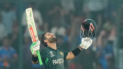 Pakistan's Mohammad Rizwan celebrates after scoring the winning run during the World Cup match against Sri Lanka in Hyderabad on Tuesday, October 10, 2023. AP