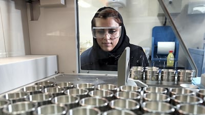 Shamsa Al Falasi is an Emirati woman scientist who works as an aluminium lab specialist. Chris Whiteoak / The National