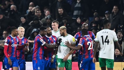 Newcastle striker Joelinton argues with Crystal Palace players during the 0-0 Premier League match at Selhurst Park on January 21, 2023. AFP