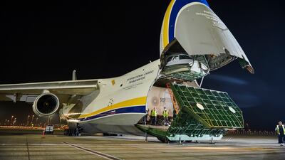 Projectors that will beam visuals on to the Al Wasl dome at Expo 2020 Dubai being loaded into a special cargo aircraft in Houston, Texas.