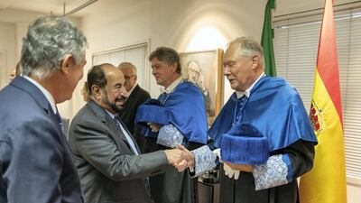 Sheikh Dr Sultan bin Muhammad Al Qasimi meets with officials before receiving his honorary doctorate. Courtesy Sharjah Media Office