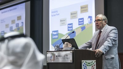 Mikhail Chudakov, the IAEA’s deputy director general, speaks at the opening of the Nuclear Energy Management School at Khalifa University on Sunday. Mona Al Marzooqi / The National