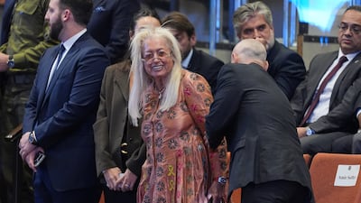 Miriam Adelson arrives at the Knesset before President Donald Trump's address to Israeli politicians. AP