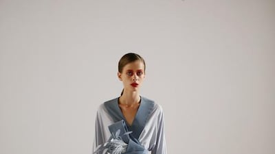 A model poses during the Elio Abou Fayssal presentation. Andreas Rentz / Getty Images for Fashion Forward