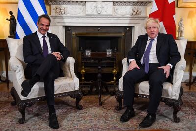 Britain's Prime Minister Boris Johnson, right, and Greek Prime Minister Kyriakos Mitsotakis, left, during a bilateral meeting in London earlier this month. Greece wants to attract more Britons to the country to visit, live, work and retire. Photo: EPA