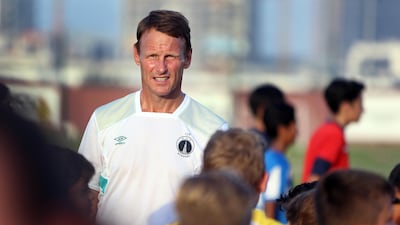 Teddy Sheringham, the former Manchester United and England striker, teaches a football coaching clinic at Dubai College in Dubai on Tuesday, May 2, 2017.