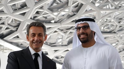Former French president Nicolas Sarkozy visits the museum's construction site with Mohamed Khalifa Al Mubarak, Chairman of Abu Dhabi Tourism & Culture Authority in January 2016. Sarkozy has close ties to the project after initiating its intergovernmental agreement in 2007. Courtesy TDIC