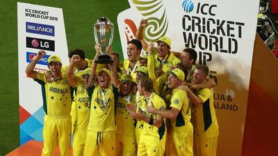 Michael Clarke lifts the cricket World Cup trophy after Australia's crushing seven wicket win over New Zealand. Robert Cianflone / Getty