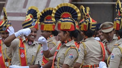 Indian Railway Protection Force (RPF) personnel gather to take part in a ceremony to celebrate the country's 75th Independence Day in Hyderabad. AFP