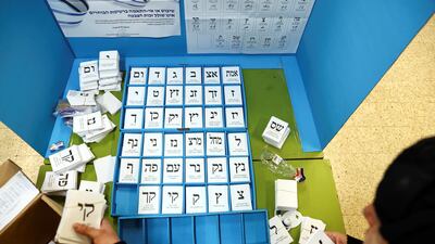 Officials sort ballot papers before a polling station opens to the voters of Kiryat Arba, a Jewish settlement in Hebron in the Israeli-occupied West Bank. Reuters