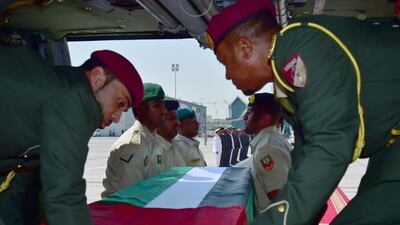Soldier Khamis Rashid Al Abdouly, who succumbed to his injuries from last month’s rocket attack in Yemen, is brought home. Courtesy Wam