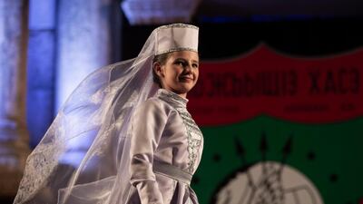 A Circassian dancer from Al-Jeel Al-Jadeed Club (the New Generation Club) performs during the 2019 Jerash Festival of Culture and Arts at the Jerash archeological site, Jerash, some 46 km North of Amman, Jordan. EPA
