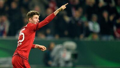 Bayern Munich's Thomas Muller celebrates a goal against Wolfsbug on Tuesday night in his team's German Cup victory. Fabian Bimmer / Reuters / October 27, 2015