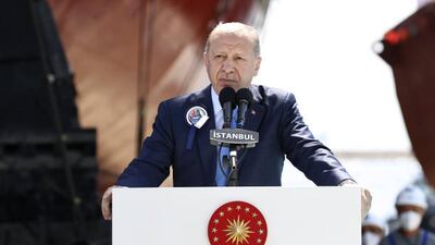 Turkish President Recep Tayyip Erdogan speaks at the launching ceremony of a boat built for the Pakistani Navy, in Istanbul, Turkey, on August 15. Getty