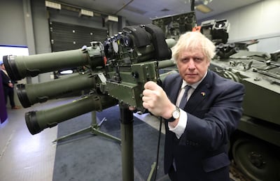 Prime Minister Boris Johnson visits Thales weapons manufacturer during a trip to Northern Ireland. Getty Images