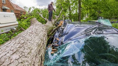 Michael Clark climbs onto a toppled tree to check out damage to three vehicles at his home in South Bend, Indiana. South Bend Tribune via AP