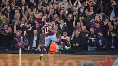 West Ham's Said Benrahma celebrates after scoring the first goal during the 2-1 Europa Conference League win against Anderlecht at London Stadium on October 13, 2022. Getty