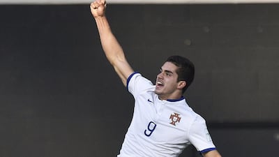 Portugal's Andre Silva celebrates scoring against Colombia on Saturday to finish a perfect group round at the Under 20 World Cup. Marty Melville / AFP / June 6, 2015
