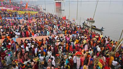 Hindu worshippers pray to the Sun god Surya during Chhath Puja, on the banks of the Brahmaputra river in Guwahati, in the north-east Indian state of Assam. AFP