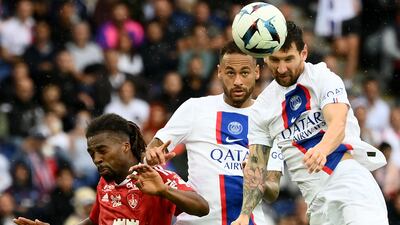 Brest's French defender Jean-Kevin Duverne and PSG's Neymar and Lionel Messi during PSG's 1-0 win against Brest at Parc des Princes on September 10. AFP